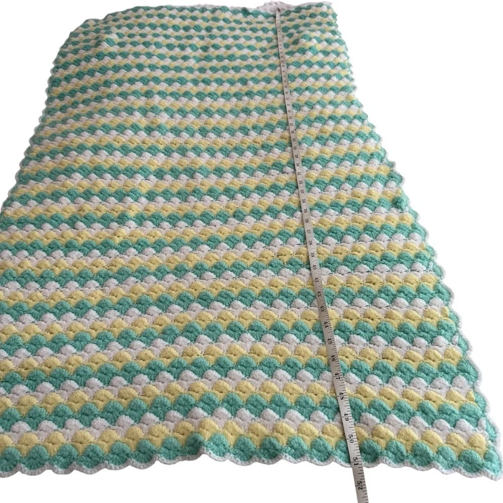New Afghan Handmade Crochet Baby Blanket Green Yellow Boy Girl 30”x51” Swaddle